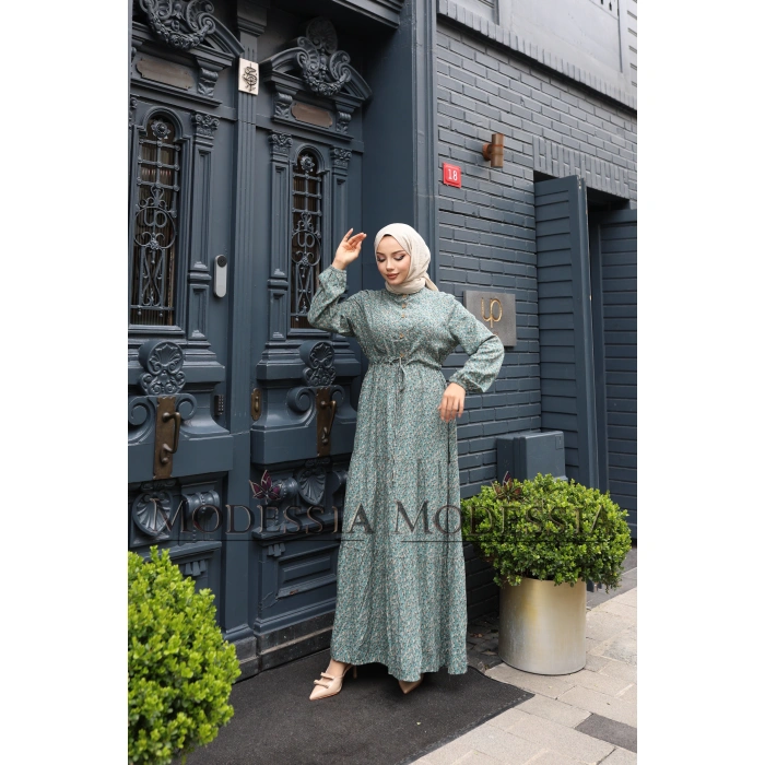 KADIN Yeşil %100 Viskon Pamuklu Belden Bağlamalı Çiçek Desen Kat Kat Elbise V9538