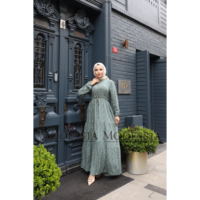 KADIN Yeşil %100 Viskon Pamuklu Belden Bağlamalı Çiçek Desen Kat Kat Elbise V9538