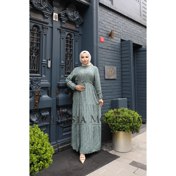 KADIN Yeşil %100 Viskon Pamuklu Belden Bağlamalı Çiçek Desen Kat Kat Elbise V9538