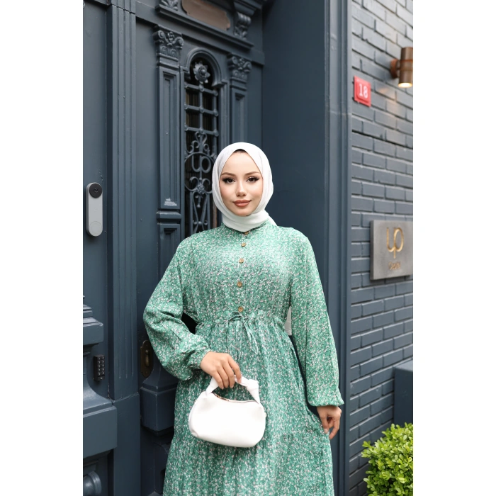 KADIN Yeşil %100 Viskon Pamuklu Belden Bağlamalı Gül Desen-Kat Kat Tesettür Elbise Gd123
