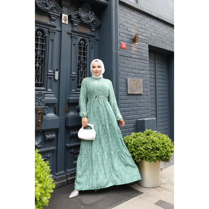 KADIN Yeşil %100 Viskon Pamuklu Belden Bağlamalı Gül Desen-Kat Kat Tesettür Elbise Gd123