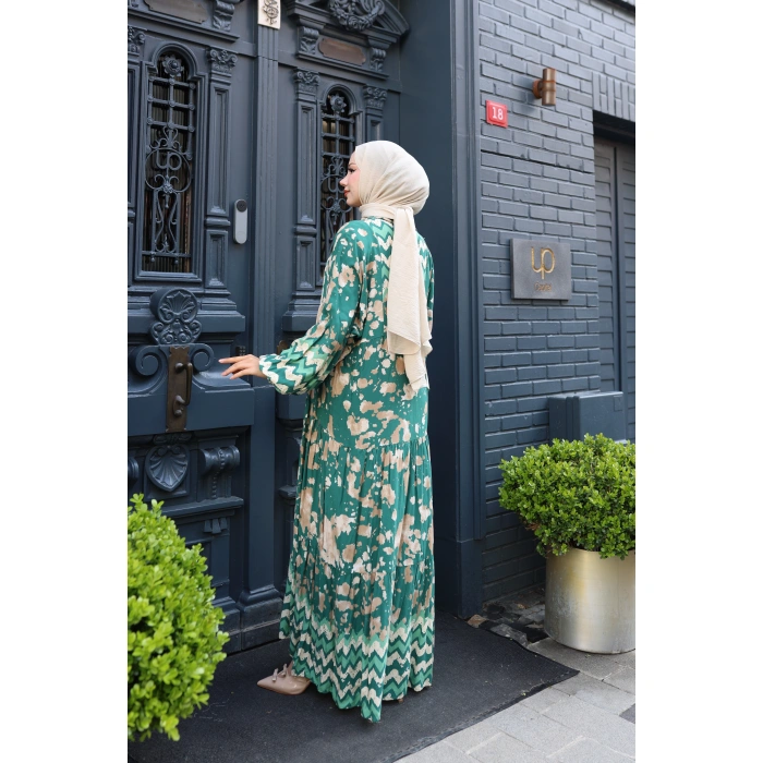 Kadın Yeşil %100 Viskon Pamuklu V Yaka Alaçatı Model Kat Kat Elbise V898