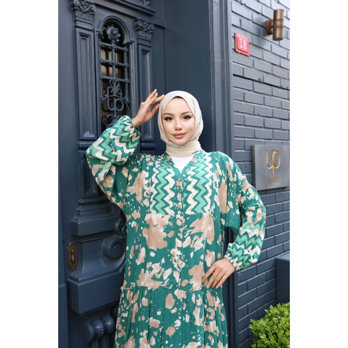 Kadın Yeşil %100 Viskon Pamuklu V Yaka Alaçatı Model Kat Kat Elbise V898