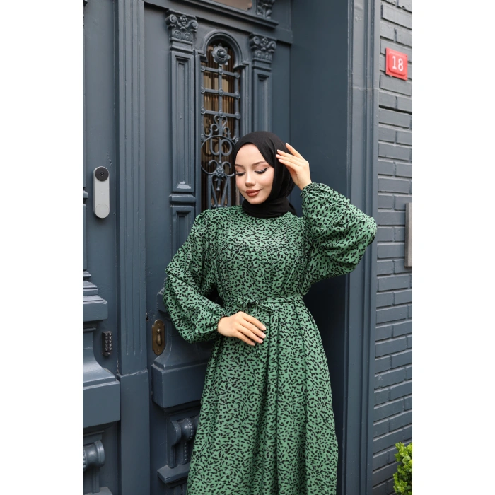 KADIN Yeşil %100 Viskon Robalı Salaş Model Kuşaklı Battal Maxi Boy Tesettür Elbise Vbtl3322