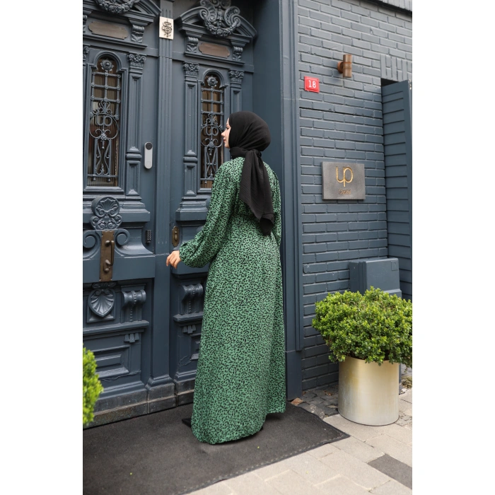 KADIN Yeşil %100 Viskon Robalı Salaş Model Kuşaklı Battal Maxi Boy Tesettür Elbise Vbtl3322