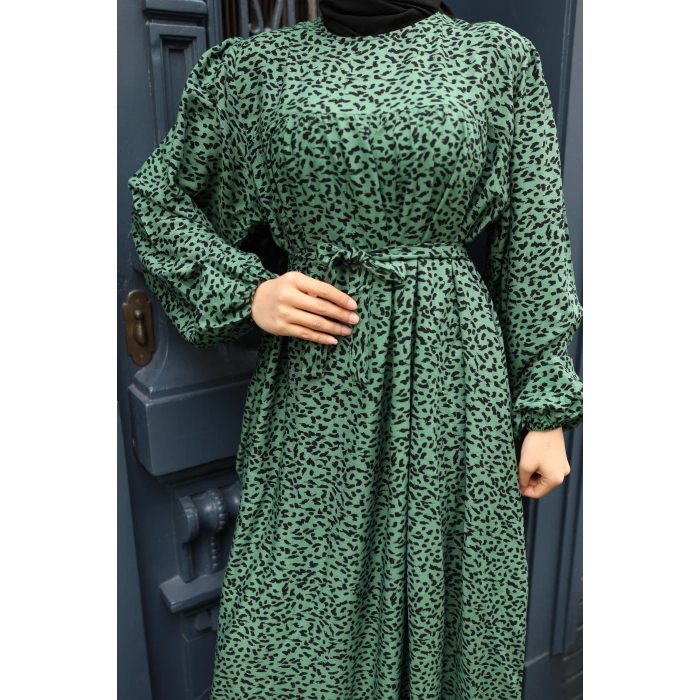 KADIN Yeşil %100 Viskon Robalı Salaş Model Kuşaklı Battal Maxi Boy Tesettür Elbise Vbtl3322