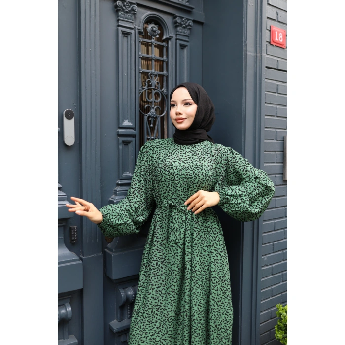 KADIN Yeşil %100 Viskon Robalı Salaş Model Kuşaklı Battal Maxi Boy Tesettür Elbise Vbtl3322
