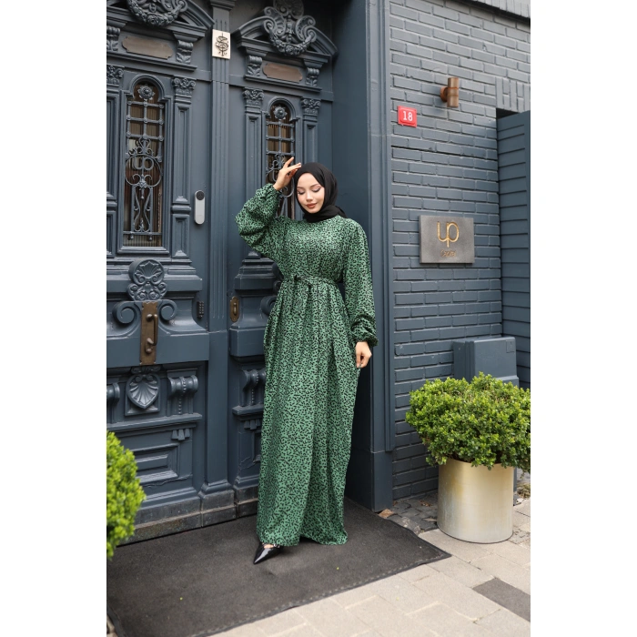 KADIN Yeşil %100 Viskon Robalı Salaş Model Kuşaklı Battal Maxi Boy Tesettür Elbise Vbtl3322