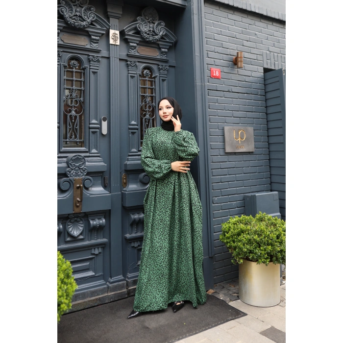 KADIN Yeşil %100 Viskon Robalı Salaş Model Kuşaklı Battal Maxi Boy Tesettür Elbise Vbtl3322