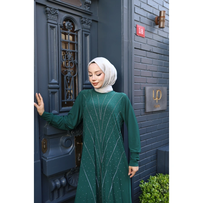 KADIN Yeşil Taş Baskı Desen Sandy Kumaş Şık Tesettür Elbise T816