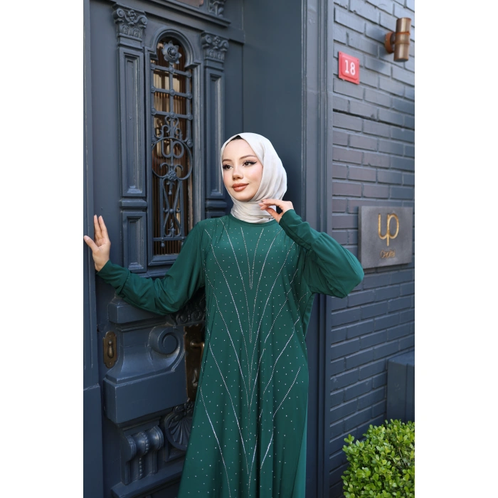 KADIN Yeşil Taş Baskı Desen Sandy Kumaş Şık Tesettür Elbise T816