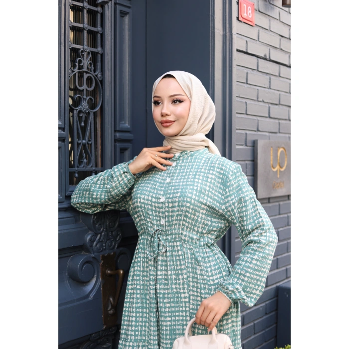 KADIN Yeşil Viskon % 100 Pamuklu Belden Bağcıklı Önü Düğmeli Çıtır Kat Kat Tesettür Elbise vs6264