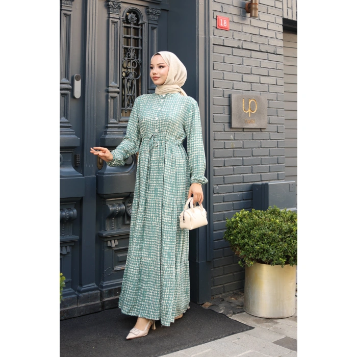 KADIN Yeşil Viskon % 100 Pamuklu Belden Bağcıklı Önü Düğmeli Çıtır Kat Kat Tesettür Elbise vs6264