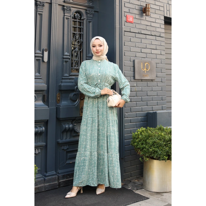 KADIN Yeşil Viskon % 100 Pamuklu Belden Bağcıklı Önü Düğmeli Çıtır Kat Kat Tesettür Elbise vs6264