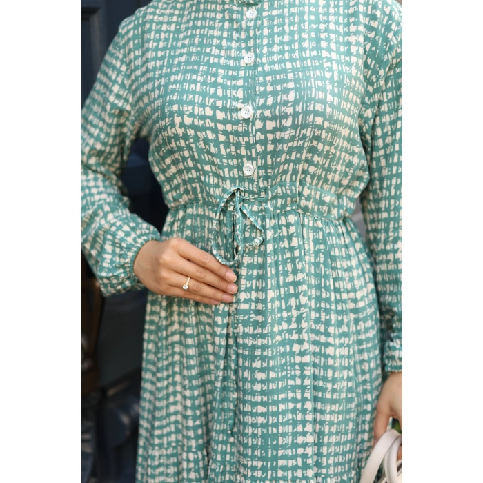 KADIN Yeşil Viskon % 100 Pamuklu Belden Bağcıklı Önü Düğmeli Çıtır Kat Kat Tesettür Elbise vs6264