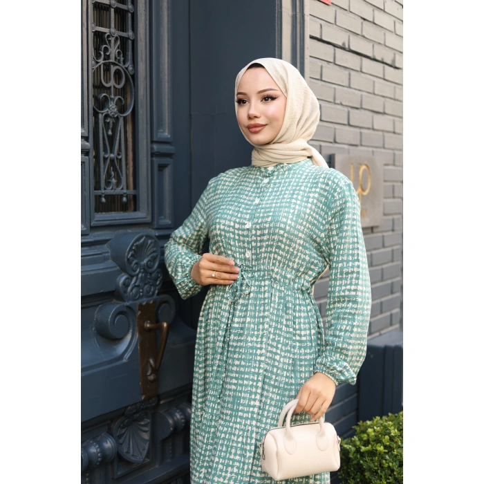 KADIN Yeşil Viskon % 100 Pamuklu Belden Bağcıklı Önü Düğmeli Çıtır Kat Kat Tesettür Elbise vs6264