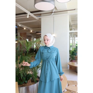 KADIN YEŞİL MİRA BELDEN BAĞLAMALI CEP DETAYLI ETEKLİ TAKIM