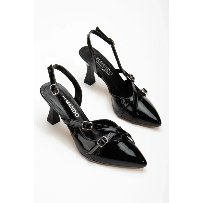 Çift Bantlı Toka Detaylı Syiah Rugan Kadın Topuklu Ayakkabı