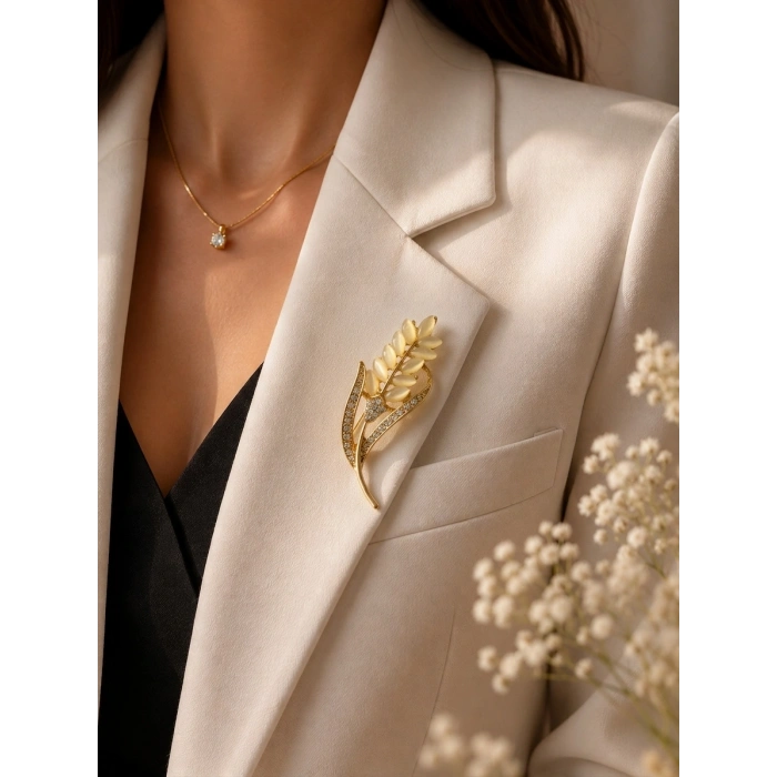 Başak Motifli Taşlı Gold Broş