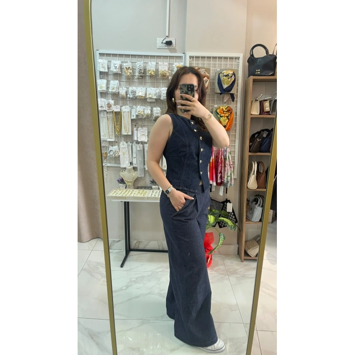 Koyu Mavi Yüksek Bel Bol Paça Kot Pantolon