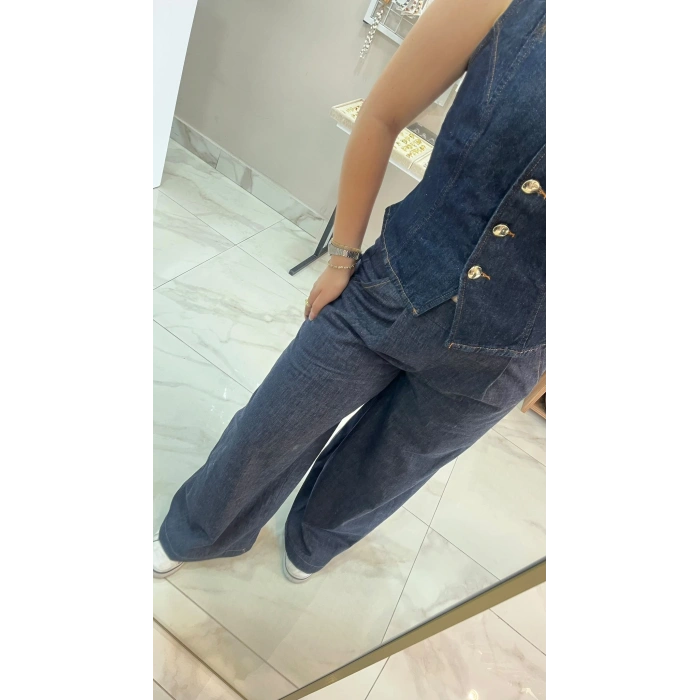 Koyu Mavi Yüksek Bel Bol Paça Kot Pantolon