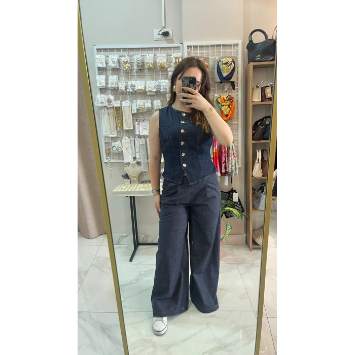 Koyu Mavi Yüksek Bel Bol Paça Kot Pantolon