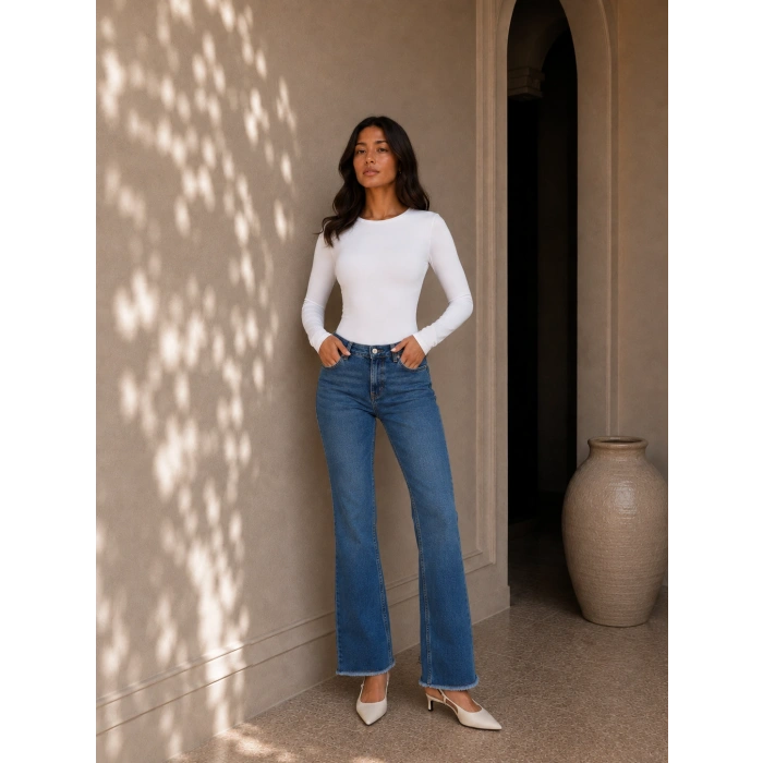 Mini Flare Paça Kesik Denim Jean