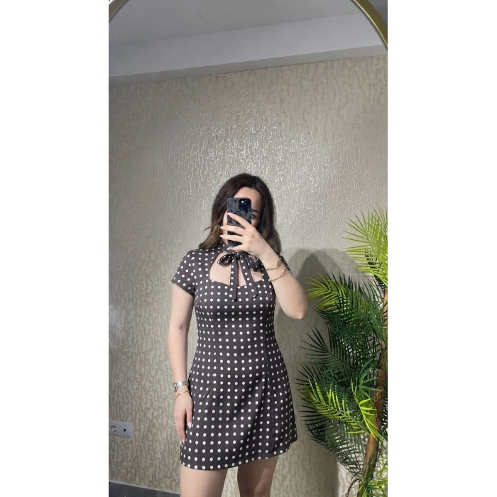 Puantiyeli Fular Detaylı Mini Elbise