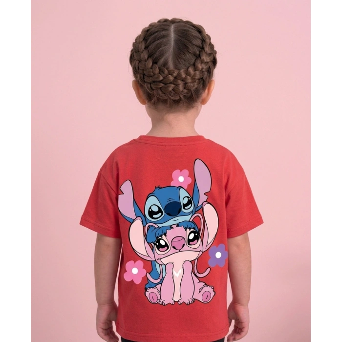 Stitch Baskılı Pembe Fitilli Bisikletçi Tayt Şort Takımı