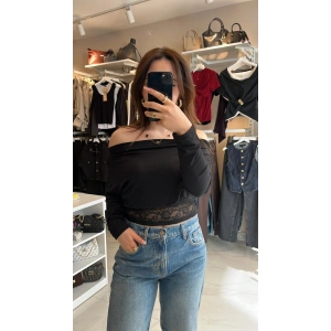 Bel Dantel Detaylı Kayık Yaka Bluz