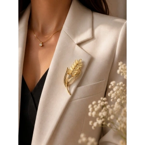 Başak Motifli Taşlı Gold Broş