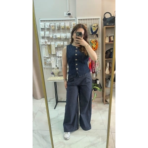 Koyu Mavi Yüksek Bel Bol Paça Kot Pantolon