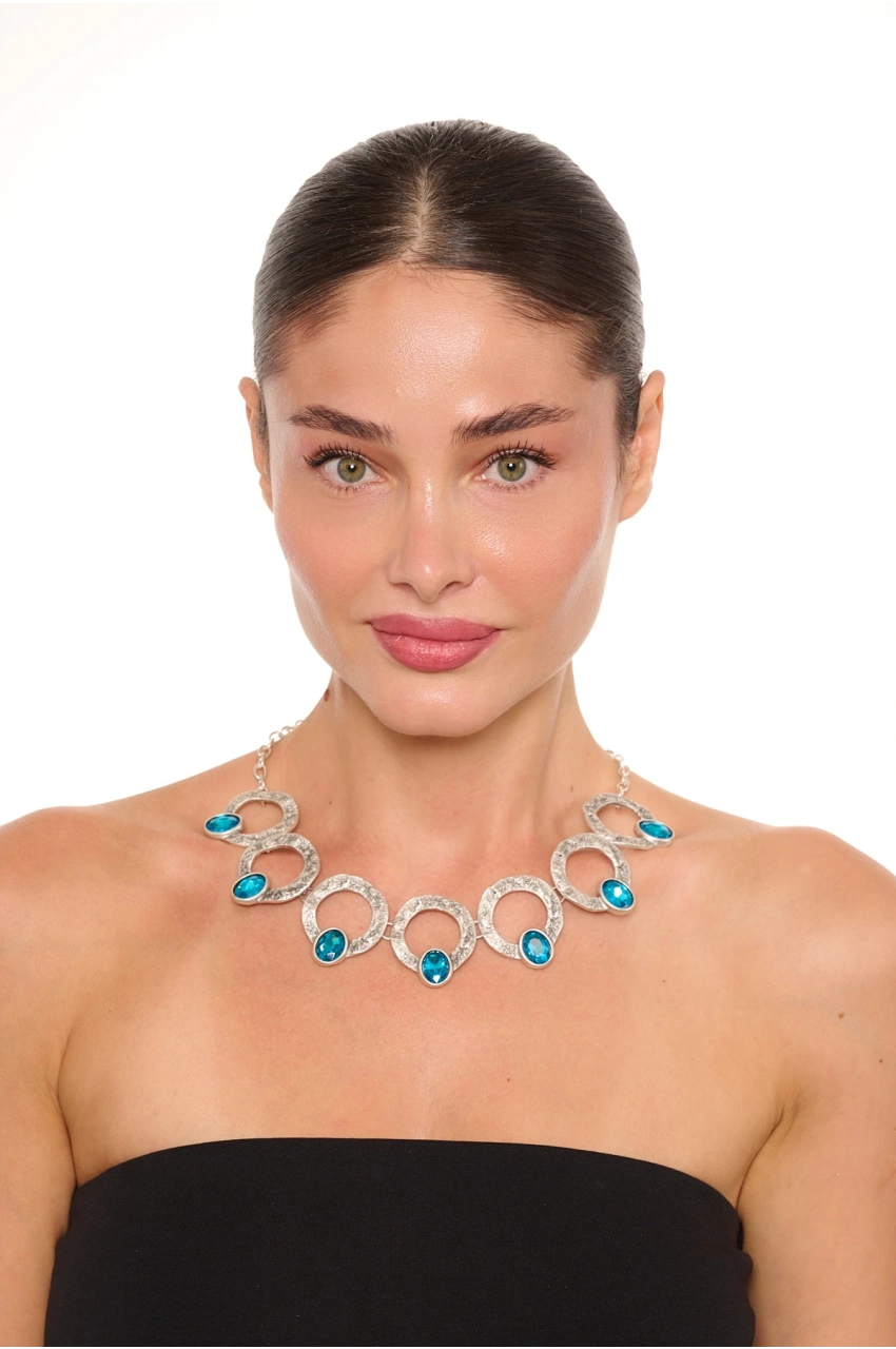 Kiraz Turquoise Crystal Stoned Silver Plated Necklace
