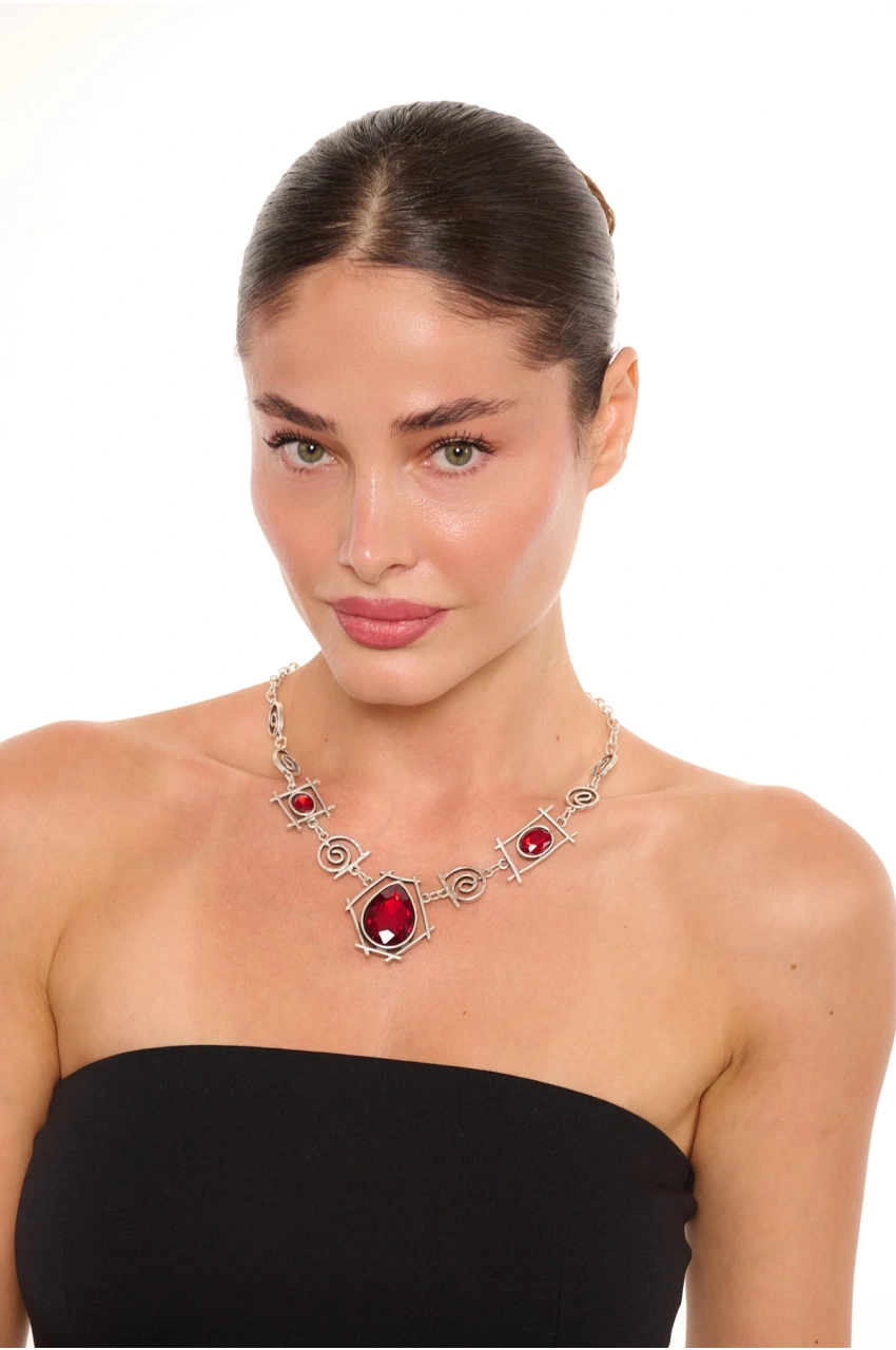 Kiraz Burgundy Crystal Silver Plated Necklace