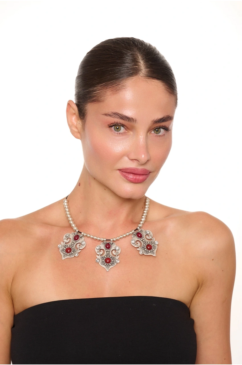 Kiraz Burgundy Stoned Silver Plated Necklace