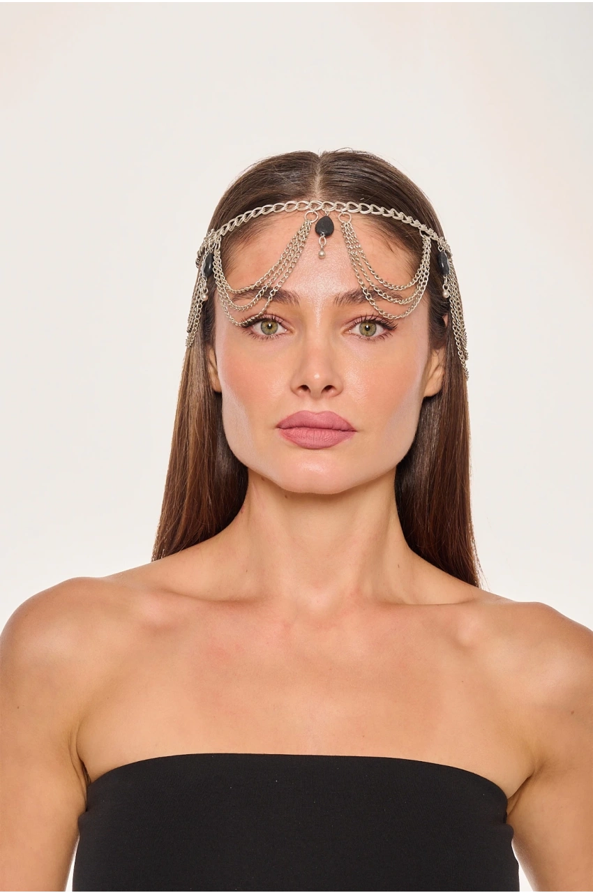 Kiraz Black Beaded Silver Plated Head Accessory