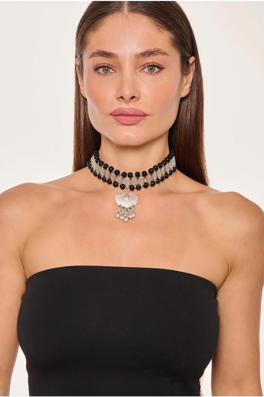Kiraz Black Beaded Silver Plated Necklace