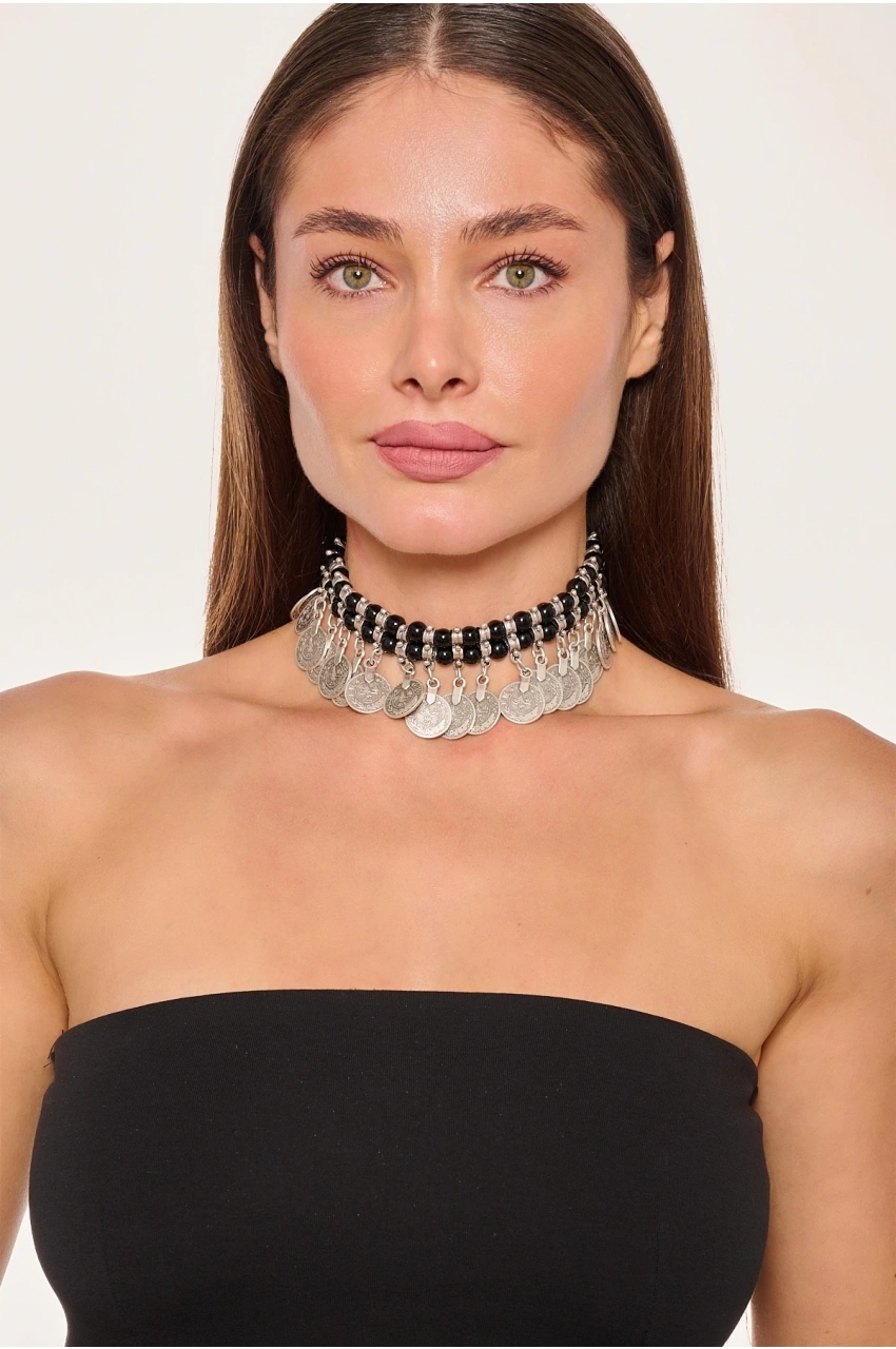Kiraz Black Beaded Silver Plated Necklace