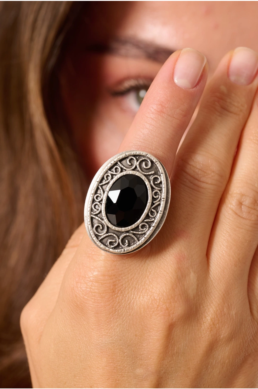 Kiraz Black Crystal Stoned Silver Plated Ring