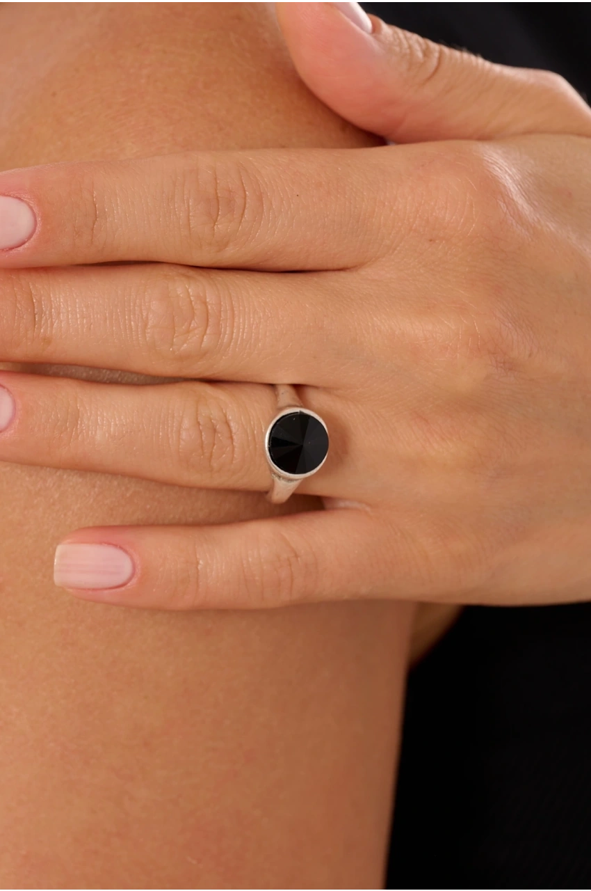 Kiraz Black Crystal Stoned Silver Plated Ring
