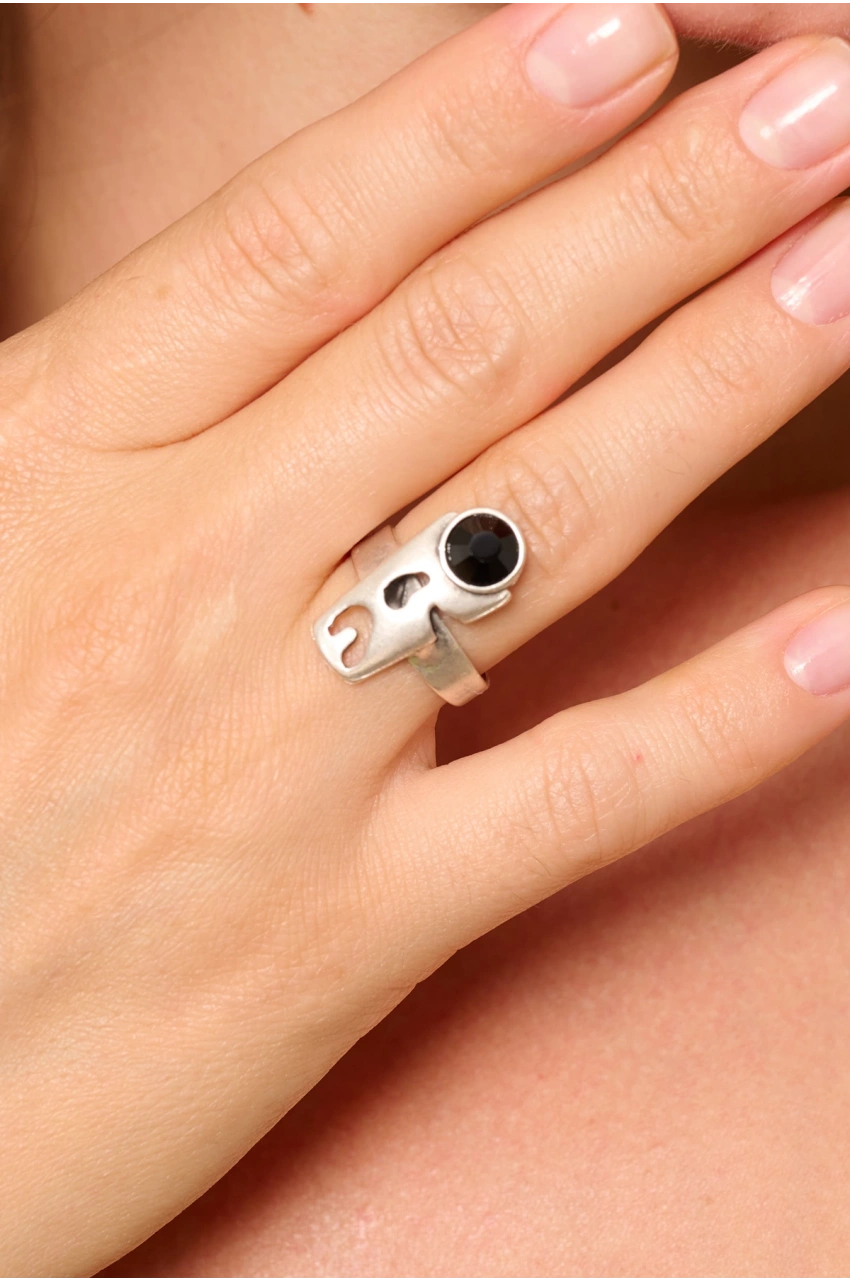 Kiraz Black Crystal Stoned Silver Plated Ring