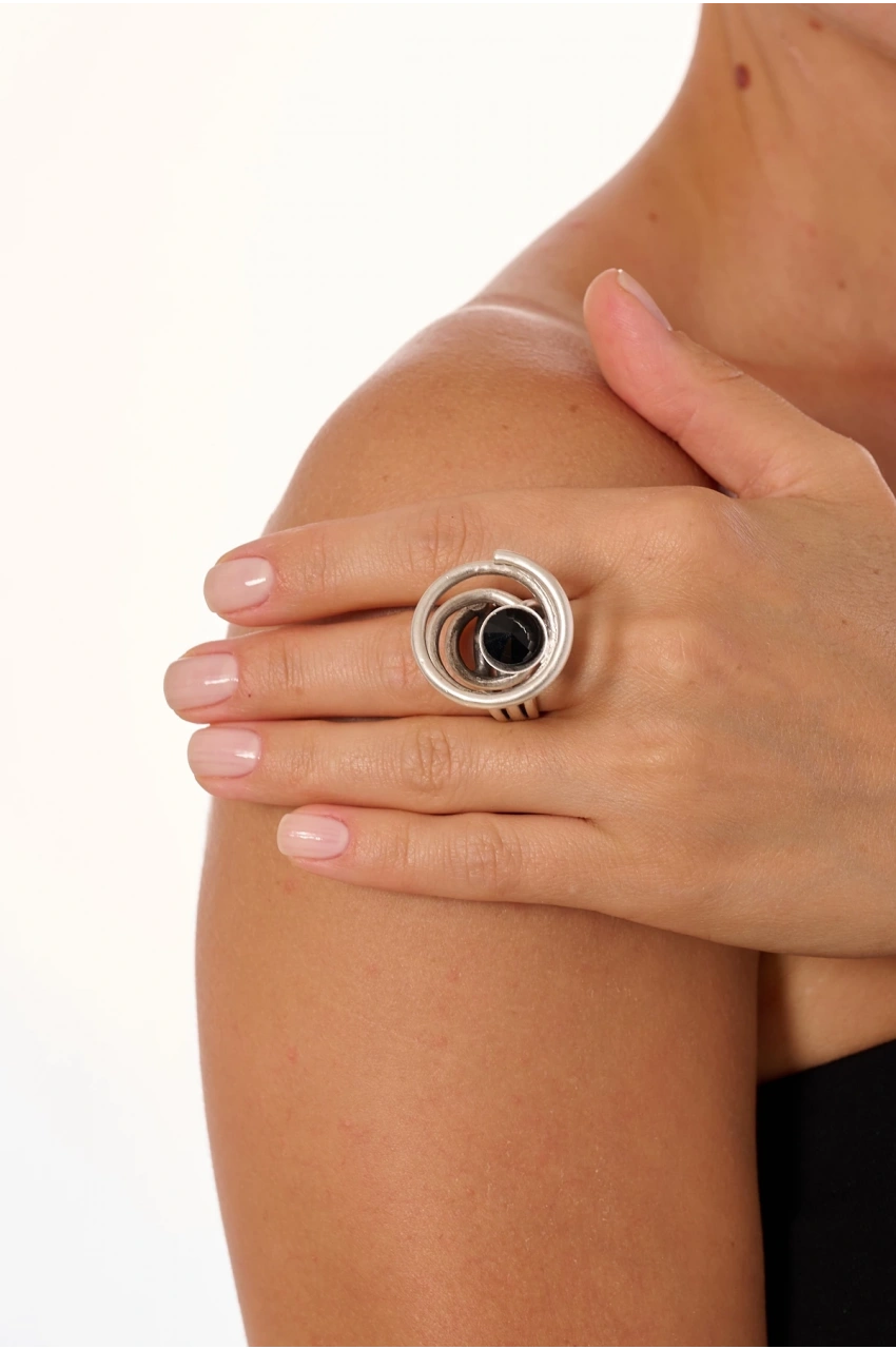 Kiraz Black Crystal Stoned Silver Plated Ring