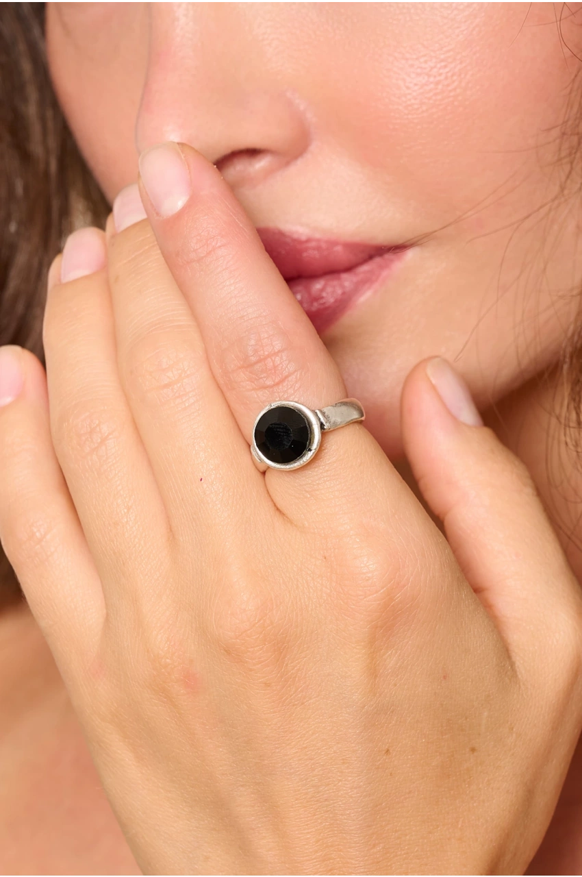 Kiraz Black Crystal Stoned Silver Plated Ring
