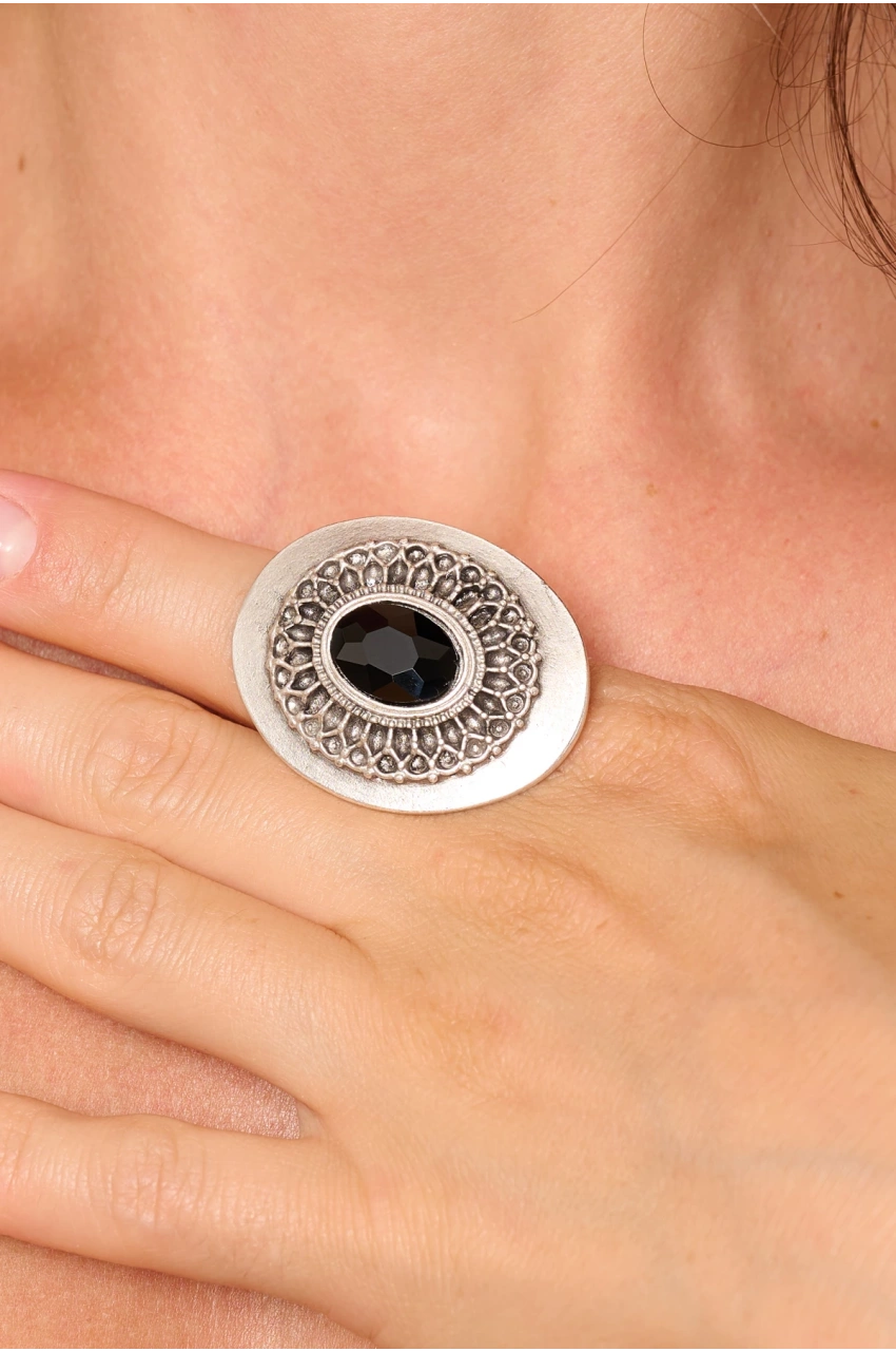 Kiraz Black Crystal Stoned Silver Plated Ring