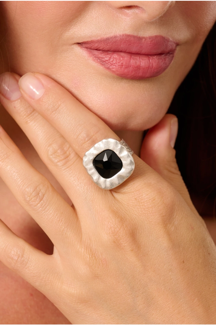 Kiraz Black Crystal Stoned Silver Plated Ring