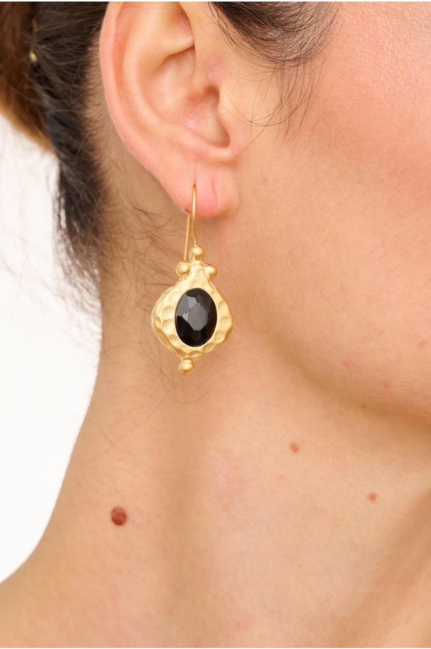 Kiraz Black Crystal Stoned Gold Plated Earring