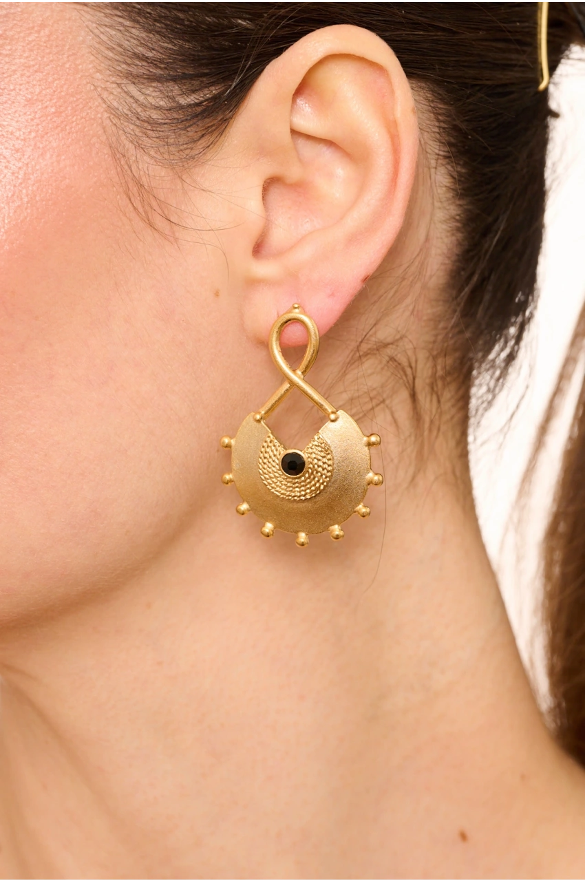 Kiraz Black Crystal Stoned Gold Plated Earring