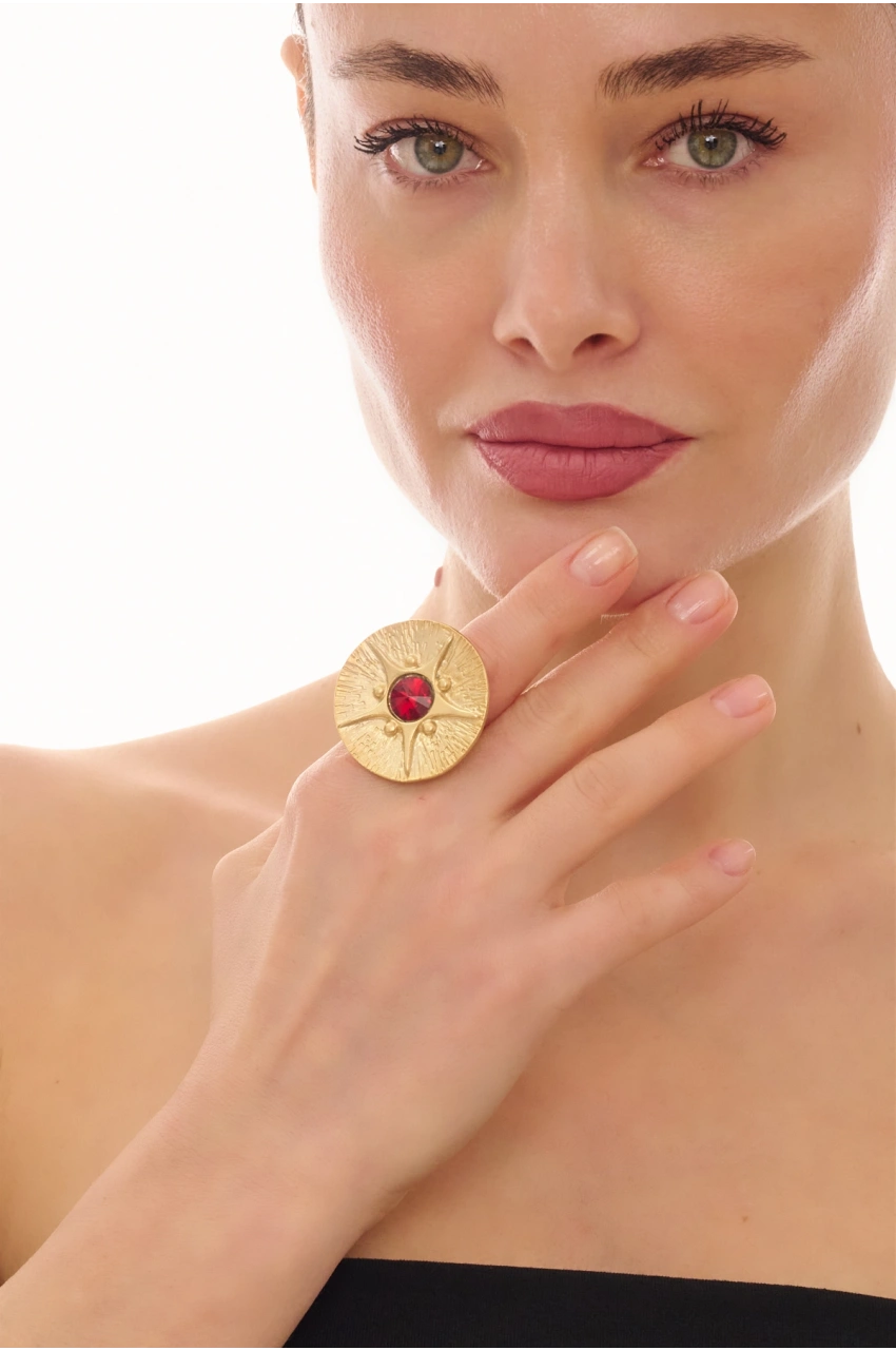 Kiraz Black Crystal Stoned Gold Plated Ring