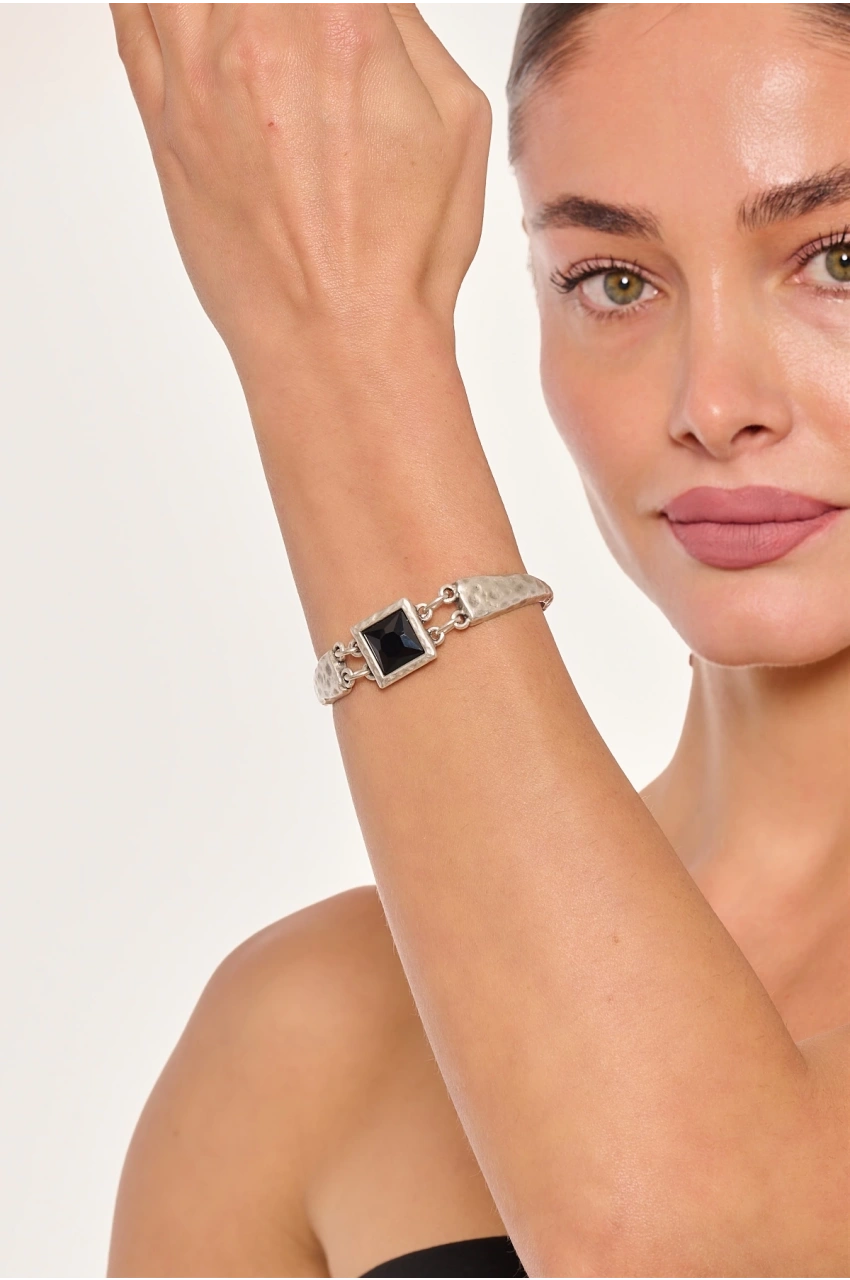 Kiraz Black Crystal Stoned Silver Plated Bracelet