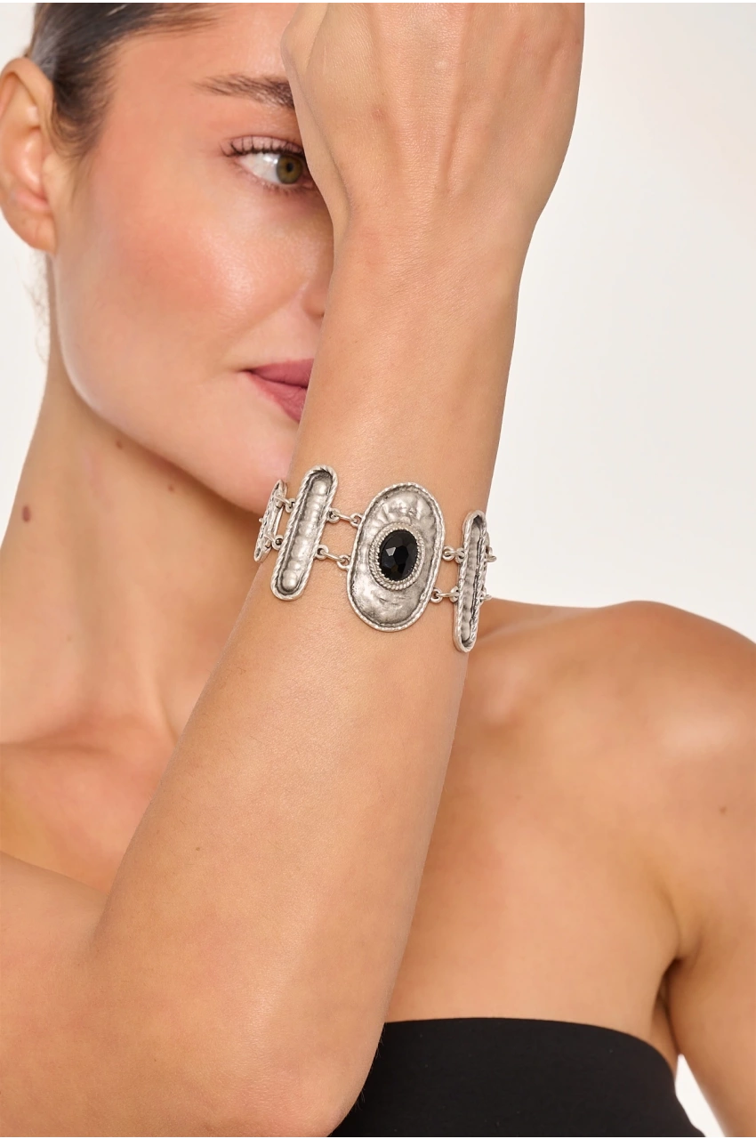 Kiraz Black Crystal Stoned Silver Plated Bracelet